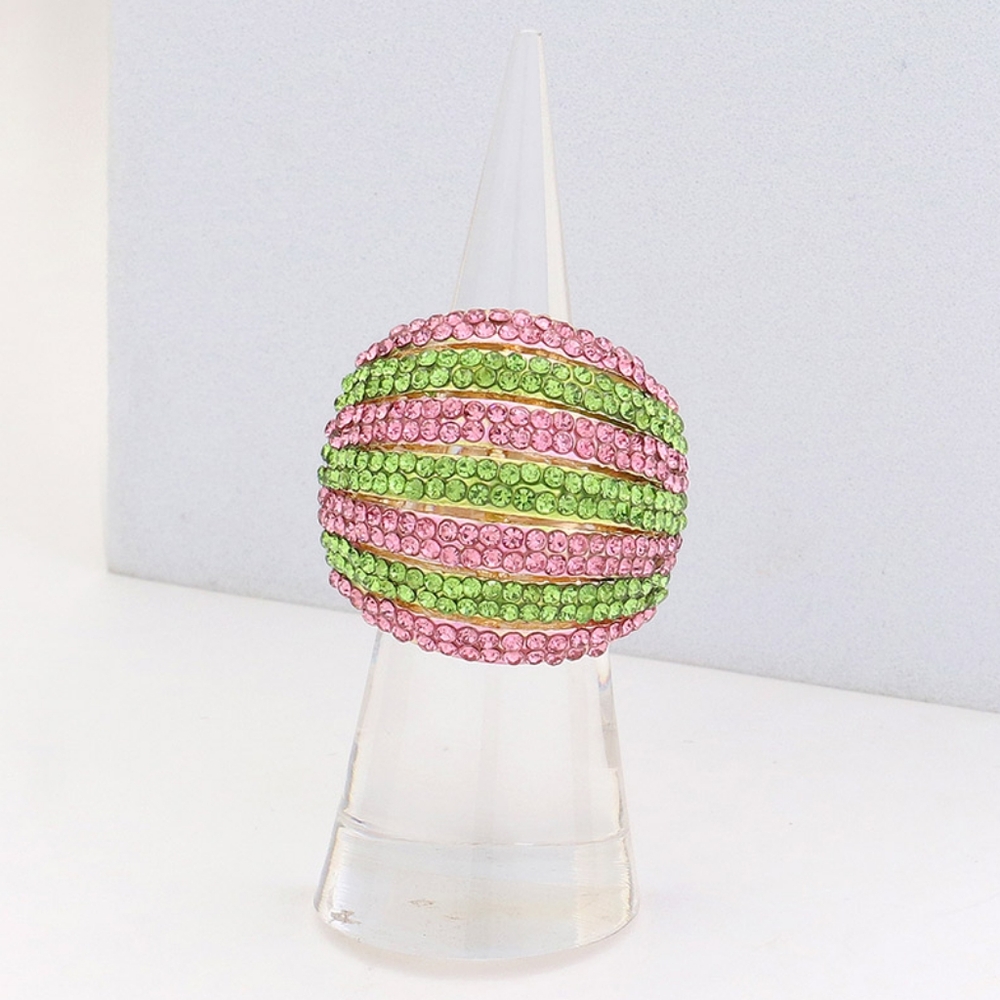 Pink Green Rhinestone Crystal Stretch Fashion Ring Dome Cocktail Jewelry